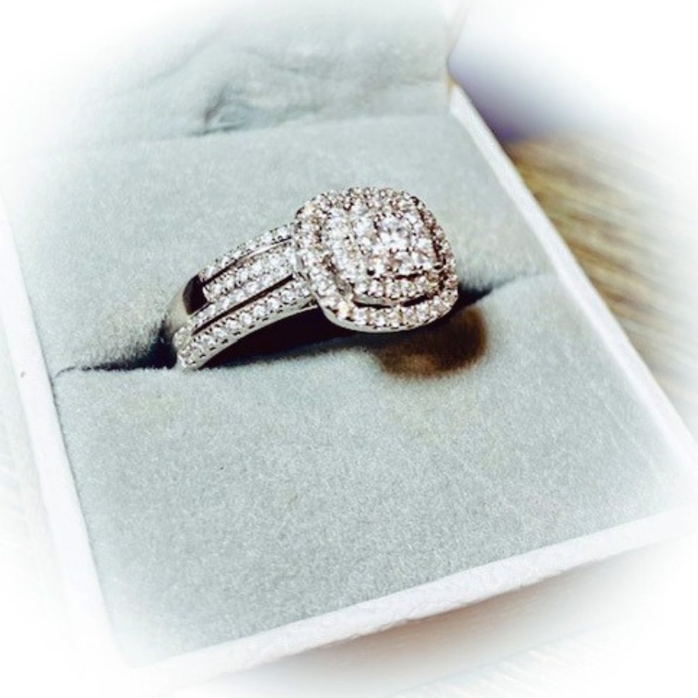 Wedding Ring & Band Set, 925 Sterling Silver, size 7.5 women